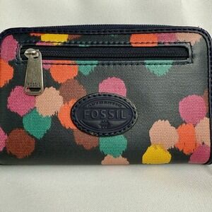 Fossil Dots Long Live Vintage Coated Canvas Clutch Organizer Multicolored Wallet